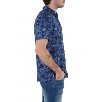 Chemise droite Deeluxe avec manches courtes et col italien bleu marine fleurie