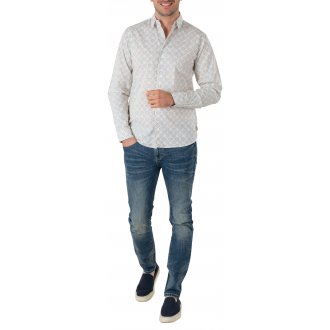 Chemise droite Deeluxe en coton avec manches longues et col italien blanche imprimé éventail