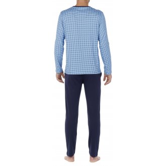 Pyjama long Hom en coton avec manches longues et col v bleu imprimé géométrique
