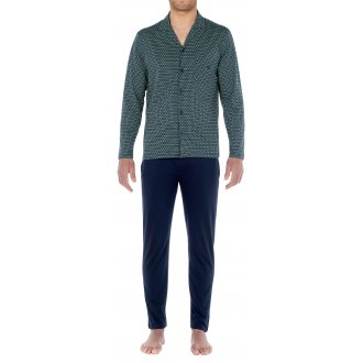 Pyjama long Hom en coton avec manches longues et col camp bleu marine imprimé géométrique