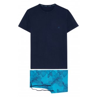 Pyjama court Hom en coton avec manches courtes et col rond bleu fleuri