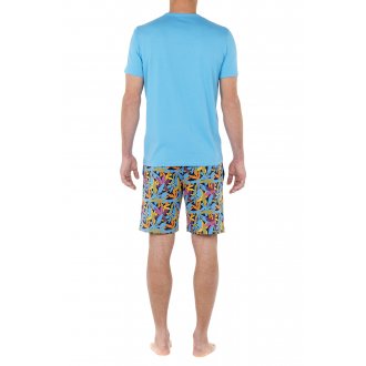 Pyjama court Hom en coton avec manches courtes et col rond bleu imprimé tropical