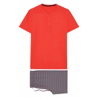 Pyjama court Hom en coton avec manches courtes et col tunisien rouge imprimé géométrique