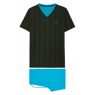 Pyjama court Hom en coton avec manches courtes et col v multicolore imprimé géométrique