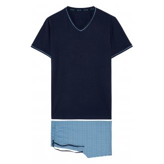 Pyjama court Hom en coton avec manches courtes et col v bleu imprimé géométrique