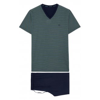 Pyjama court Hom en coton avec manches courtes et col v bleu marine imprimé géométrique