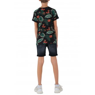 T-shirt col rond Junior Garçon Deeluxe en coton avec manches courtes noir imprimé feuille tropical