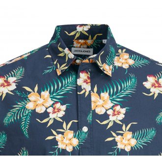 Chemise avec manches courtes et col italien Jack & Jones + Grande Taille coton marine fleuri