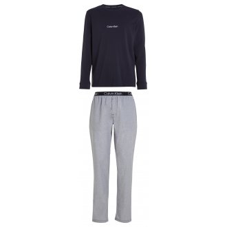 Pyjama long Calvin Klein avec manches longues et col rond bleu et gris