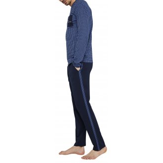 Pyjama long Arthur coton avec manches longues et col V bleu