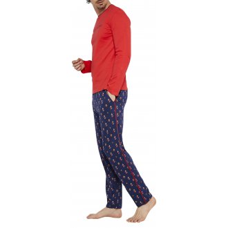Pyjama long Arthur coton avec manches longues et col rond rouge