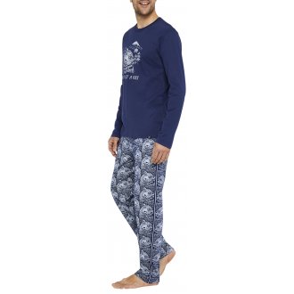 Pyjama long Arthur coton avec manches longues et col rond marine
