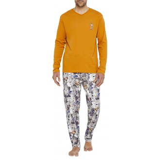 Pyjama long Arthur coton avec manches longues et col V orange