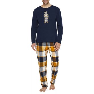 Pyjama long Arthur coton avec manches longues et col V marine carreaux
