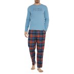 Pyjama long Arthur coton avec manches longues et col V bleu carreaux