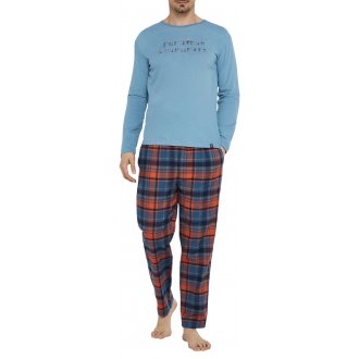 Pyjama long Arthur coton avec manches longues et col V bleu carreaux