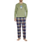 Pyjama long Arthur coton avec manches longues et col V kaki carreaux