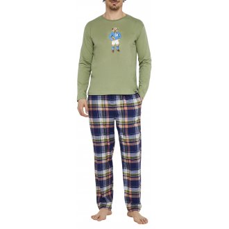 Pyjama long Arthur coton avec manches longues et col V kaki carreaux