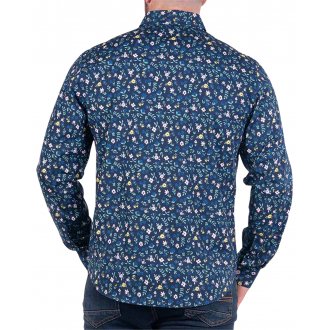 Chemise Ruckfield coton avec manches longues et col américain bleu marine fleurie