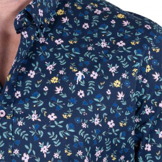 Chemise Ruckfield coton avec manches longues et col américain bleu marine fleurie