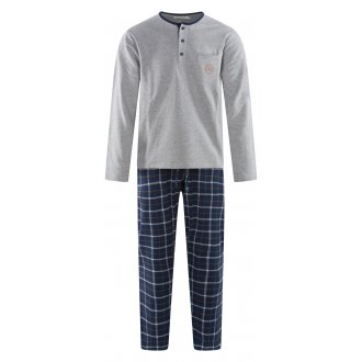 Pyjama long Christian Cane coton avec manches longues et col tunisien gris carreaux