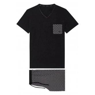 Pyjama court à col v Hom en coton noir avec imprimé fleurs géométriques blanches