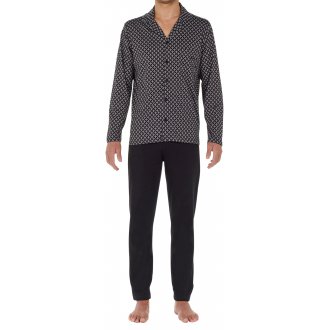 Pyjama long coupe ouverte à col cubain Hom en coton noir imprimé fleurs géométriques blanches