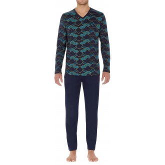 Pyjama long à col v Hom en coton marine imprimé montagne