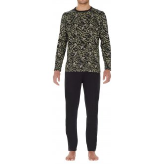 Pyjama long à col rond Hom en coton noir imprimé feuilles vertes et koalas gris