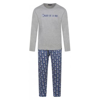 Pyjama long Arthur en coton avec manches longues et col rond gris imprimé ours