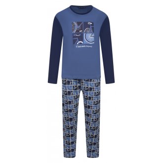 Pyjama long Arthur en coton avec manches longues et col rond bleu imprimé vélo