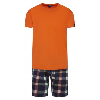 Pyjama court Arthur coton avec manches courtes et col rond orange tartan