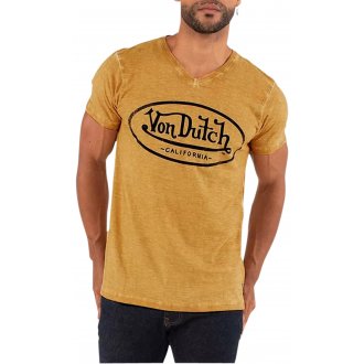 T-shirt Von Dutch coton avec manches courtes et col V jaune délavé