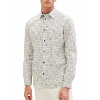 Chemise coupe droite à col français Tom Tailor en coton blanc imprimé géométrique