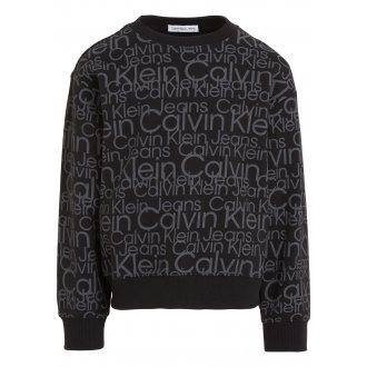 Sweat col rond Junior Garçon Calvin Klein en coton avec manches longues black monogramme