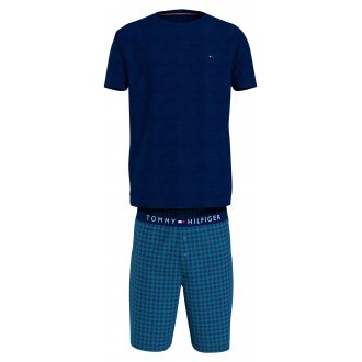 Pyjama court Tommy Hilfiger en coton en transition bleu carreaux
