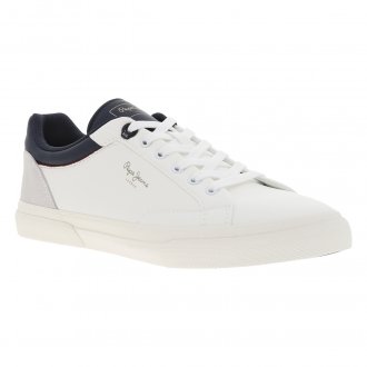 Baskets Pepe Jeans tennis blanches avec col de la chaussure en bleu marine