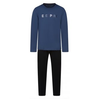 Pyjama Long Eden Park coton avec manches longues et col rond bleu