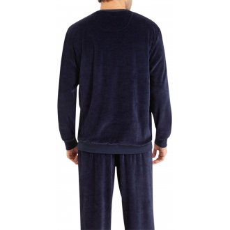 Pyjama long Eminence en coton avec manches longues et col cranté bleu marine rayé