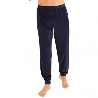 Pyjama long Eminence en coton avec manches longues et col cranté bleu marine rayé