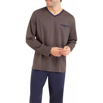 Pyjama long Eminence en coton avec manches longues et col V bleu marine