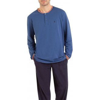 Pyjama long Eminence en coton avec manches longues et col tunisien bleu