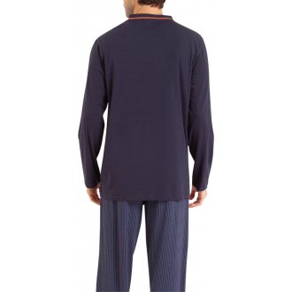 Pyjama long Eminence en coton avec manches longues et col V bleu marine