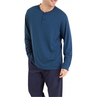 Pyjama long Eminence en coton biologique avec manches courtes et col tunisien bleu marine