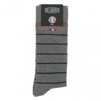 Chaussettes hautes Delahaye en coton grises rayées marine et rouge