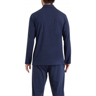 Pyjama long Athena en coton avec manches longues et col cranté marine