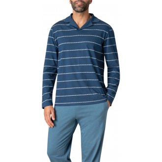 Pyjama long Eminence coton avec manches longues et col cranté bleu rayé