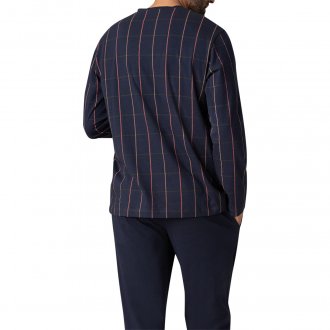 Pyjama long Eminence coton avec manches longues et col v marine carreaux