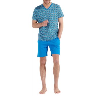 Pyjama court Hom en coton avec manches courtes et col v bleu imprimé géométrique