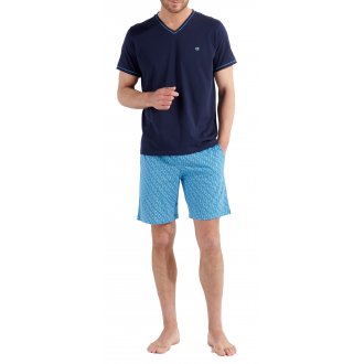 Pyjama Court Hom coton avec manches courtes et col v bleu